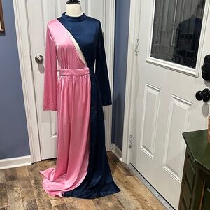 Two-Tone Pink and Navy Long Sleeve Maxi Dress